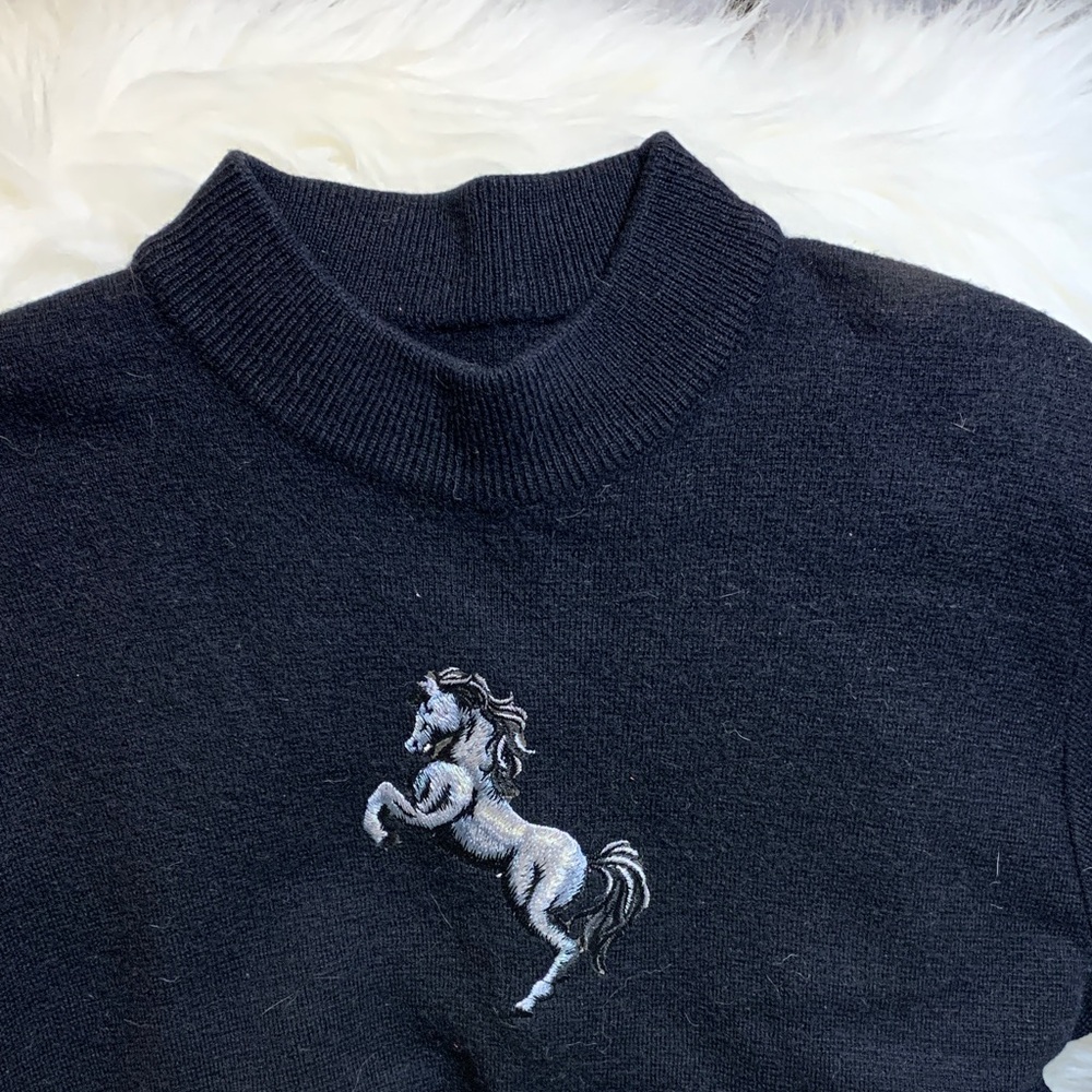 Black Crewneck Sweater with Embroidered Horse Motif